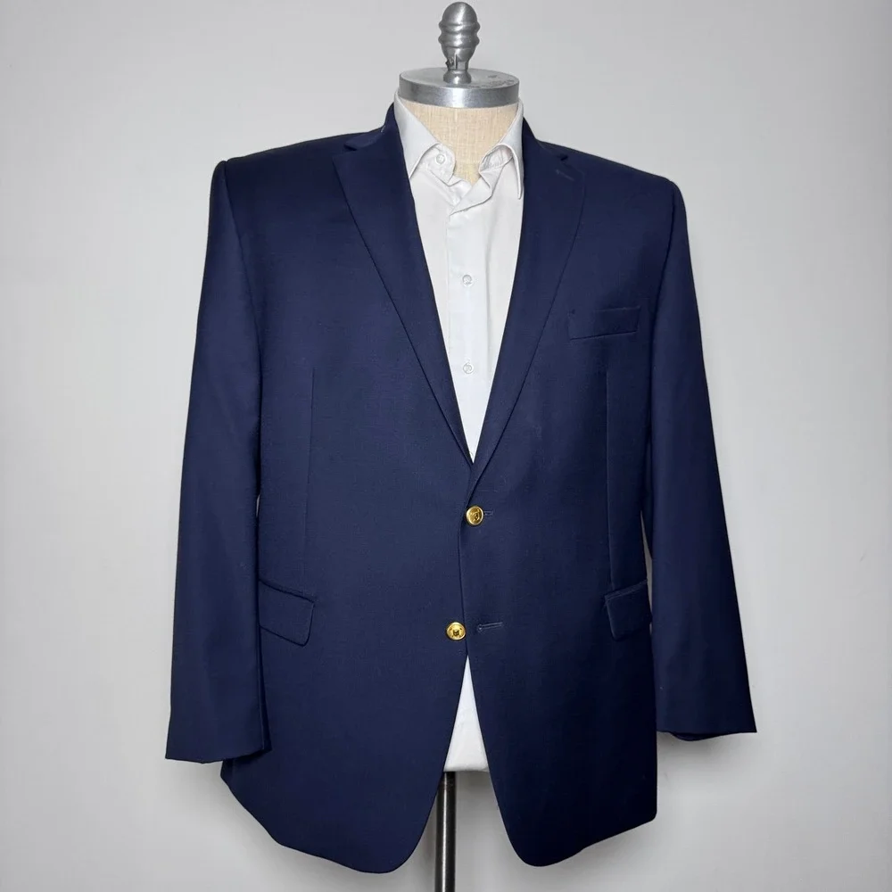 Lauren Ralph Lauren Blazer Mens 48R Navy Blue Solid Wool 2-Button Gold Buttons
